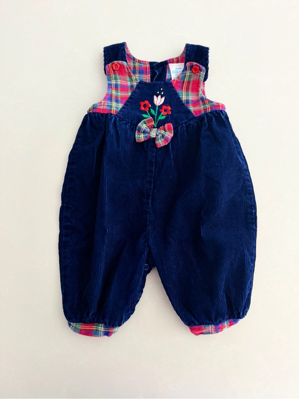 Vintage Navy Corduroy Floral Embroidered Baby Romper Plaid Trim | Size 3-6M